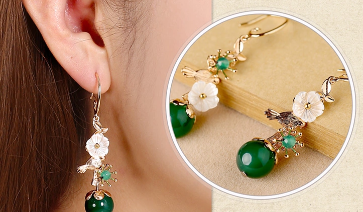 家佳樂文學(xué)金屬小鳥吊墜復(fù)古綠瑪瑙貝殼花耳環(huán)