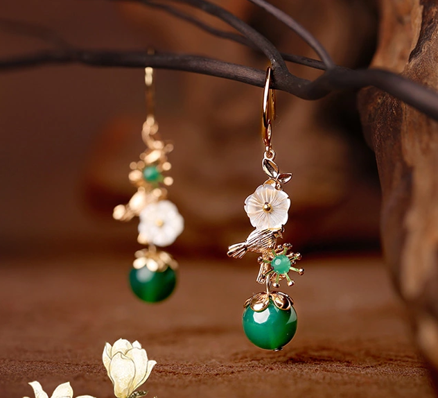 家佳樂文學(xué)金屬小鳥吊墜復(fù)古綠瑪瑙貝殼花耳環(huán)