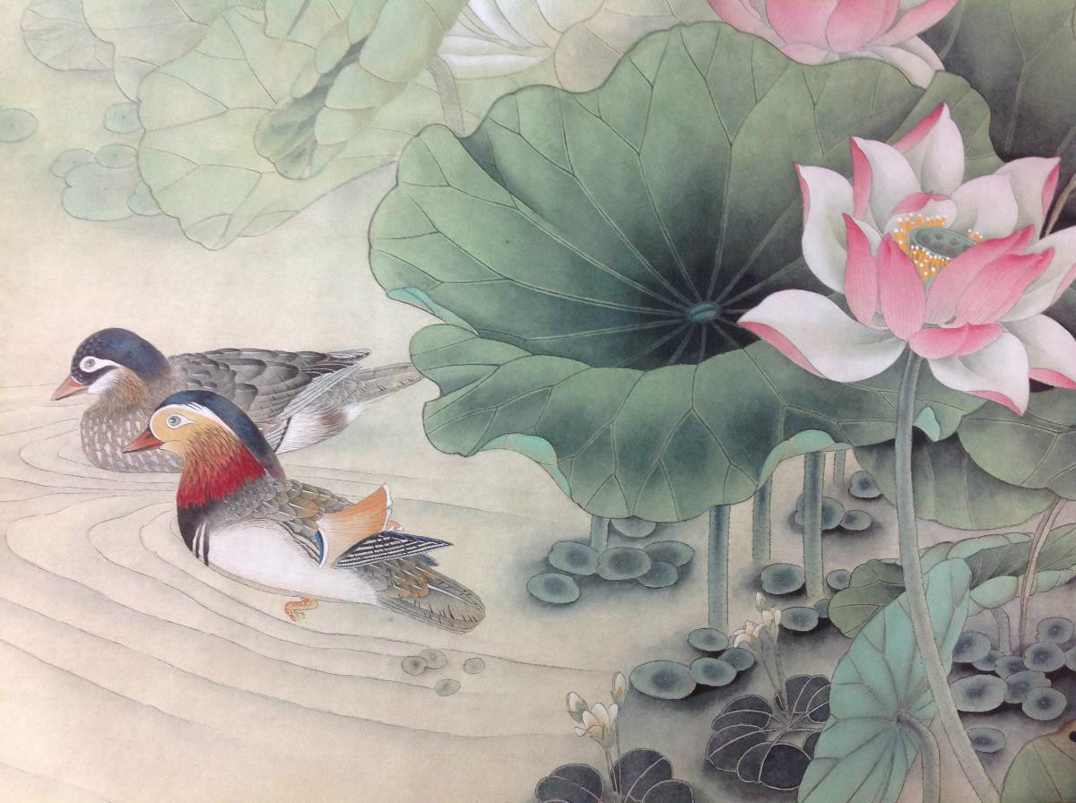 國(guó)畫(huà)荷花，鴛鴦戲水