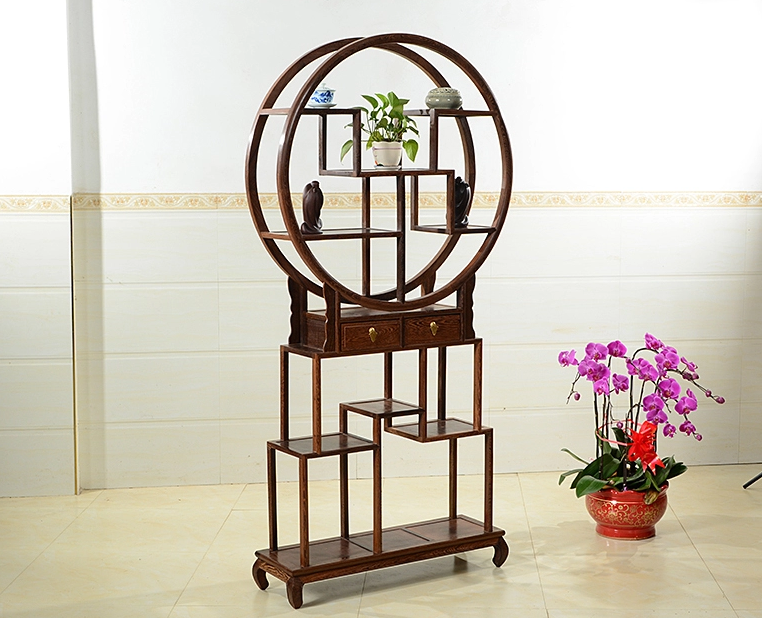 中式古典雞翅木博古架，實(shí)木圓形博古架