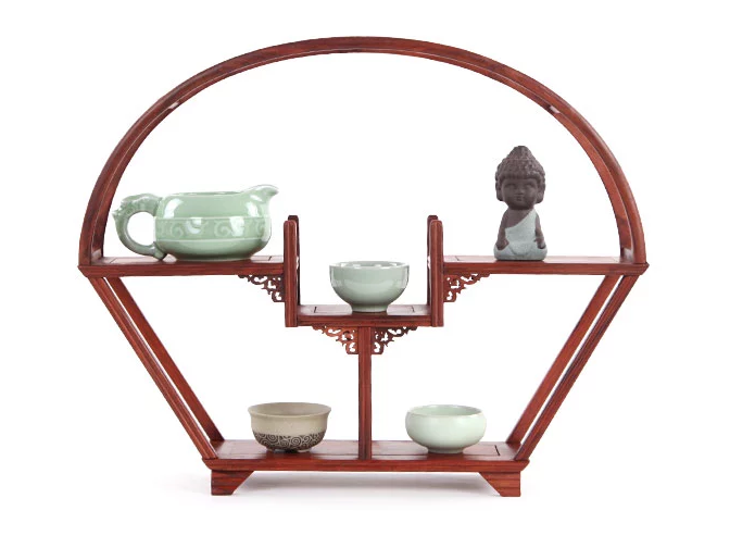 四款紅木紫砂壺架子，血檀博古架造型