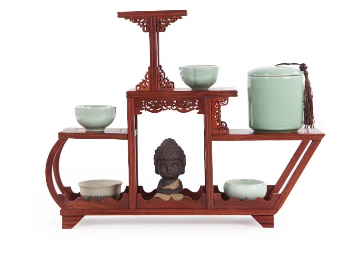 四款紅木紫砂壺架子，血檀博古架造型