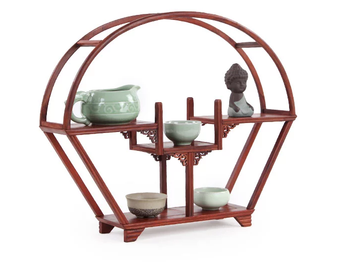 四款紅木紫砂壺架子，血檀博古架造型