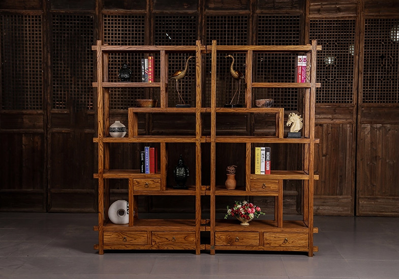 中式博古架隔斷，新中式簡約榆木博古架