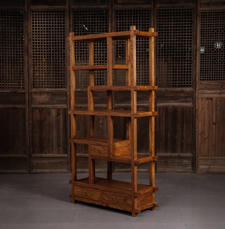 中式博古架隔斷，新中式簡約榆木博古架