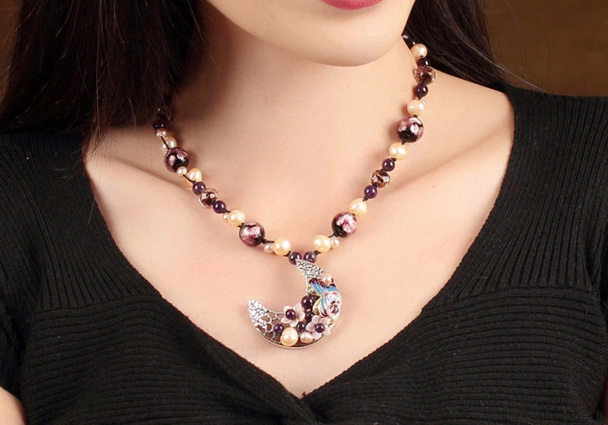 珍珠紫水晶項(xiàng)鏈，月牙吊墜鎖骨鏈家佳樂文學(xué)首飾