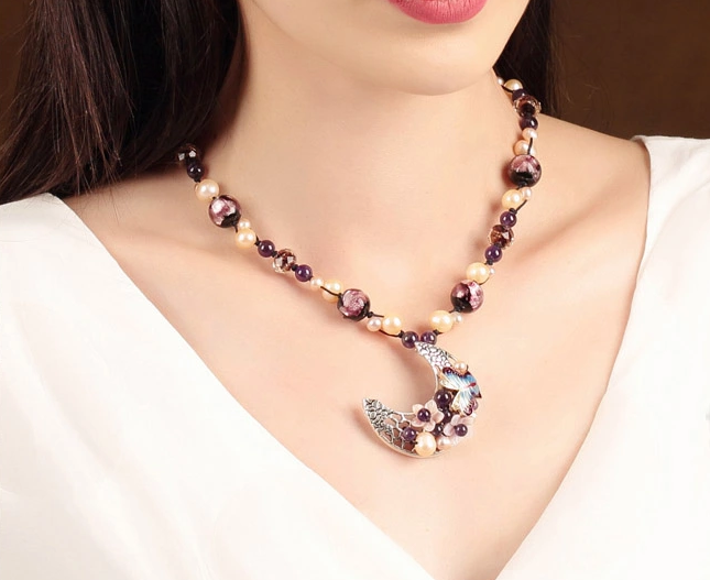 珍珠紫水晶項(xiàng)鏈，月牙吊墜鎖骨鏈家佳樂文學(xué)首飾