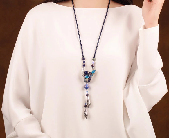 古典家佳樂文學毛衣鏈，復古風景泰藍琉璃吊墜項鏈