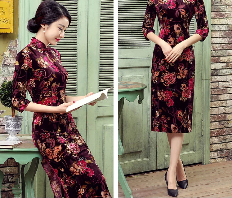 絲絨長(zhǎng)款旗袍，改良中式旗袍