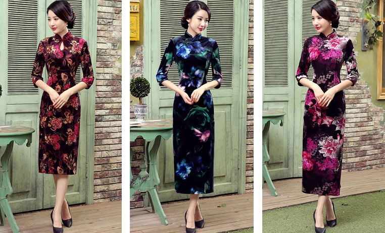絲絨長(zhǎng)款旗袍，改良中式旗袍