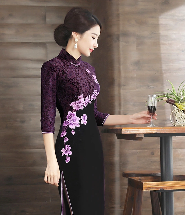 繡花蕾絲金絲絨長(zhǎng)款旗袍，中袖優(yōu)雅旗袍