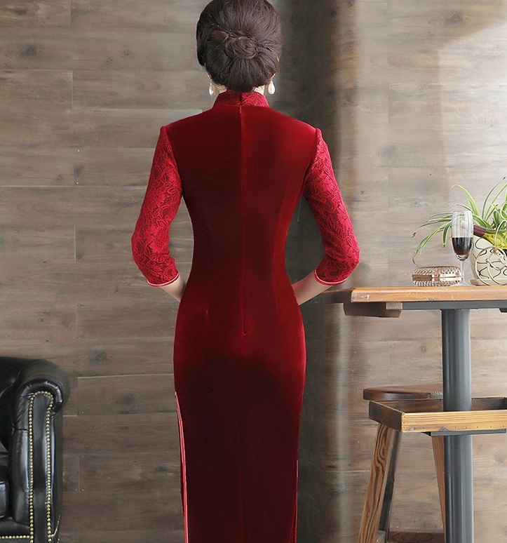 繡花蕾絲金絲絨長(zhǎng)款旗袍，中袖優(yōu)雅旗袍