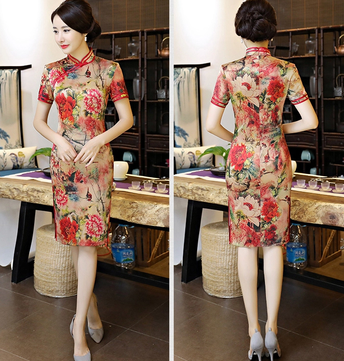 復古改良長款旗袍，真絲優(yōu)雅旗袍