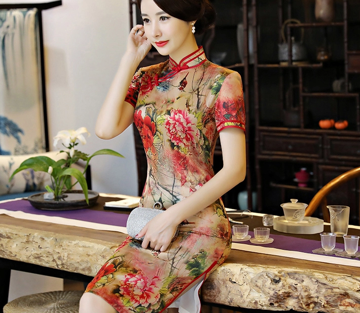 復古改良長款旗袍，真絲優(yōu)雅旗袍