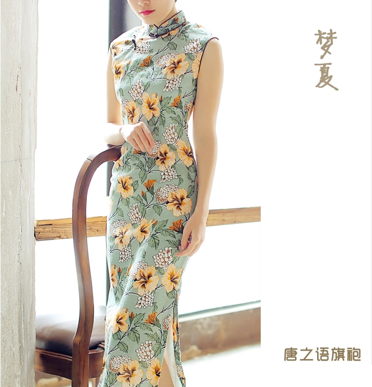 時尚棉麻長款旗袍，復古印花旗袍