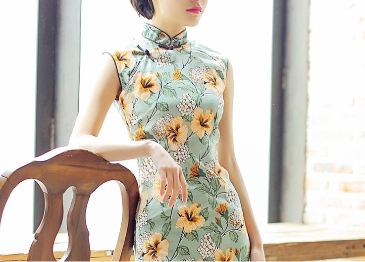 時尚棉麻長款旗袍，復古印花旗袍