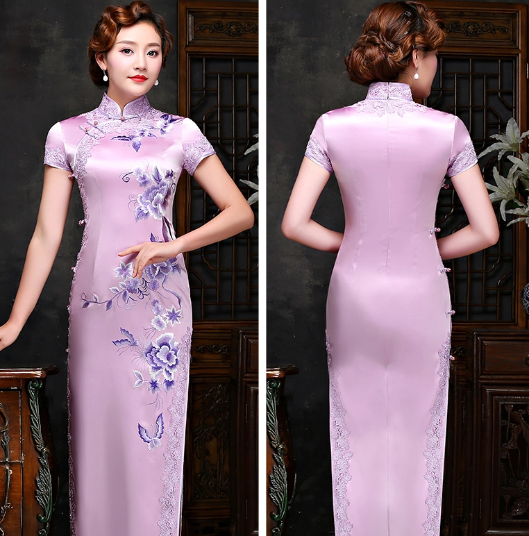 真絲繡花旗袍，復古氣質(zhì)蕾絲鑲邊旗袍