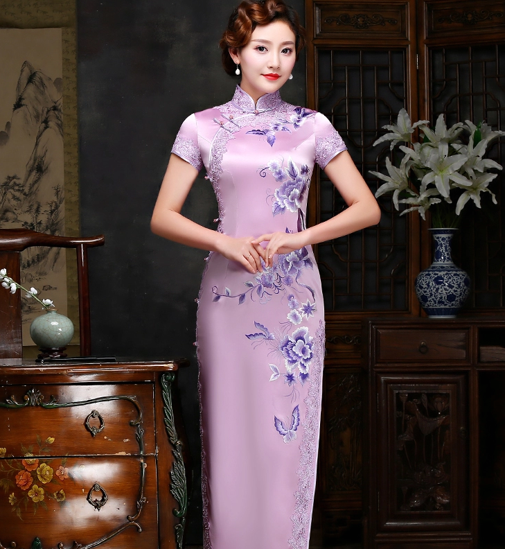 真絲繡花旗袍，復古氣質(zhì)蕾絲鑲邊旗袍