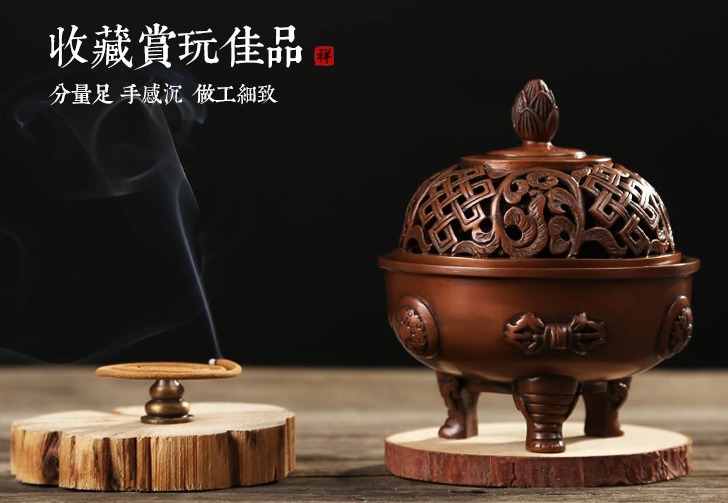 吉祥蓮花三足香爐，仿古紫銅熏香爐