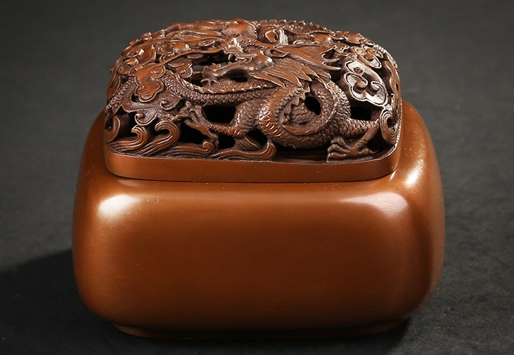 雙龍浮雕香爐，鏤空仿古紫銅熏香爐