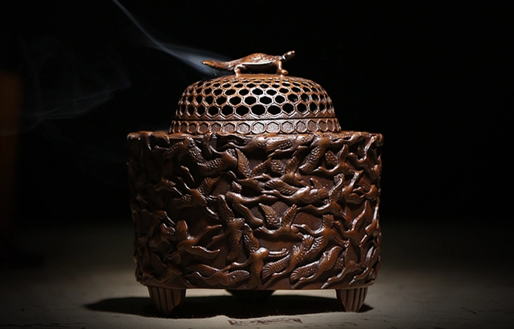 千鶴紫銅香爐，仿古純銅熏香爐