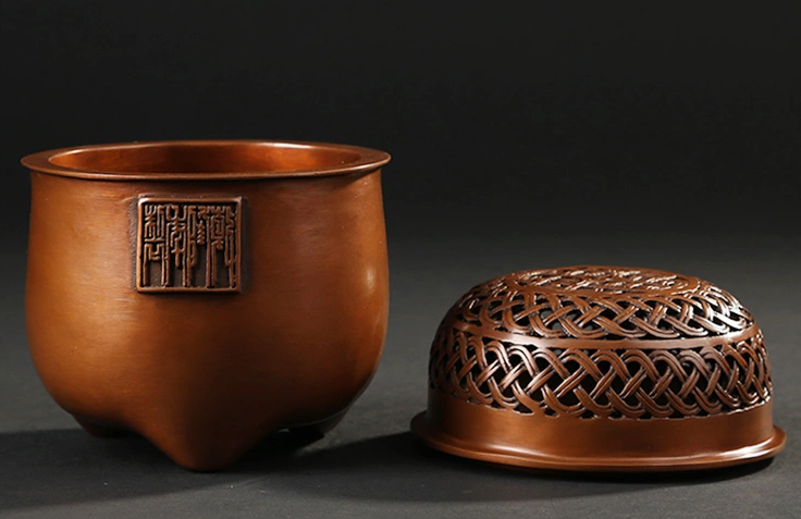 藤編紫銅香爐，仿古印章純銅熏香爐
