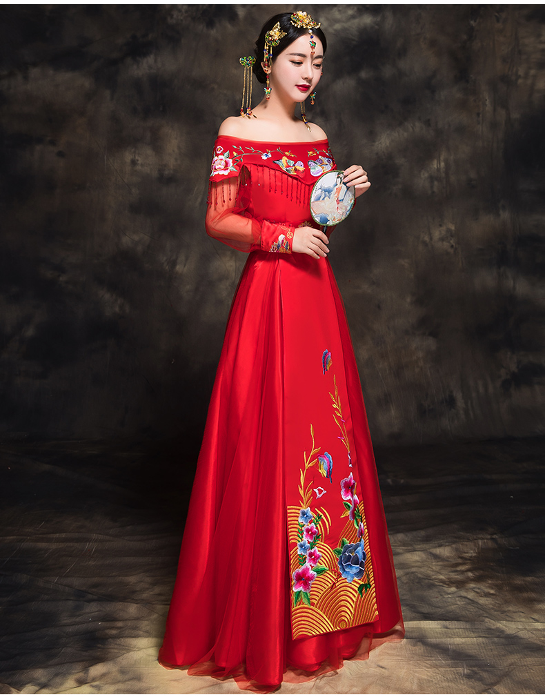 時(shí)尚家佳樂(lè)文學(xué)新娘禮服，一字肩中式結(jié)婚禮服