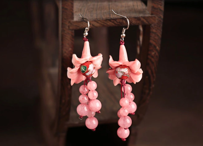 復(fù)古家佳樂文學(xué)長款流蘇古典耳飾，貝殼花朵耳環(huán)