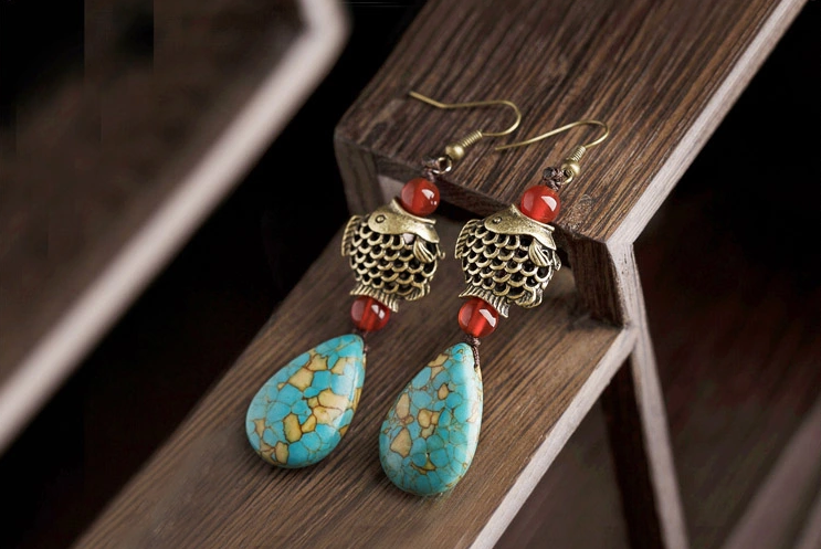 魚水滴形松石耳環(huán)，古典復古風首飾