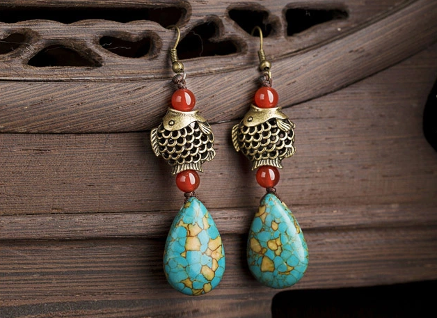 魚水滴形松石耳環(huán)，古典復古風首飾