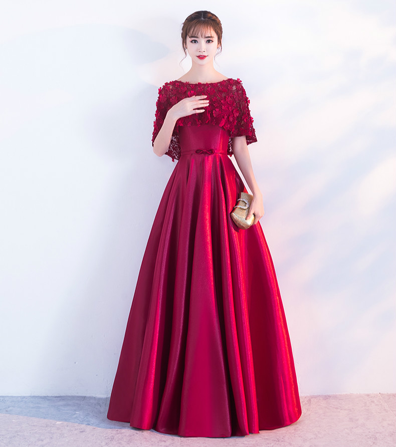 時尚家佳樂文學(xué)中式禮服，紅色蕾絲花朵晚禮服