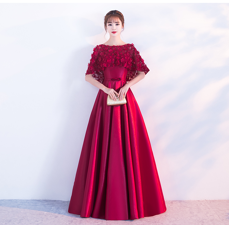 時尚家佳樂文學(xué)中式禮服，紅色蕾絲花朵晚禮服