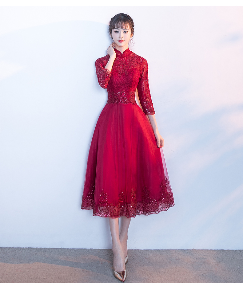 家佳樂文學(xué)紅色中式禮服，長袖修身晚禮服