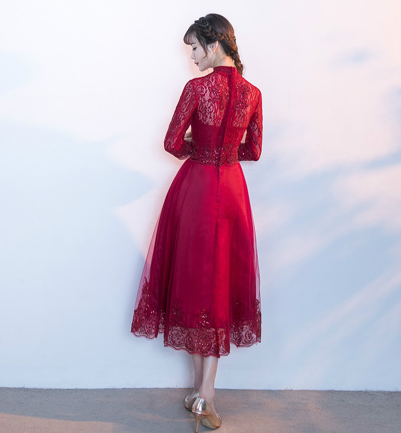 家佳樂文學(xué)紅色中式禮服，長袖修身晚禮服