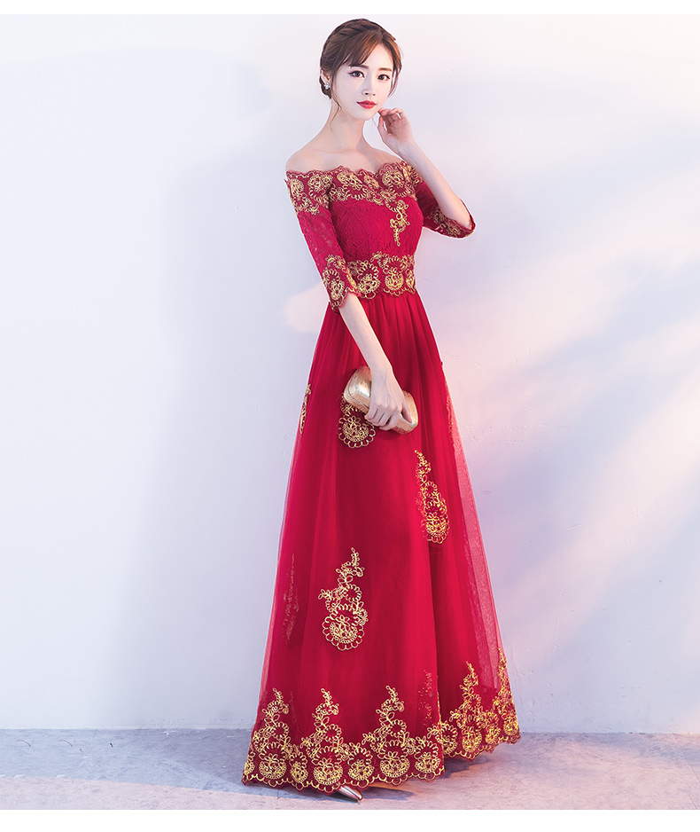 時(shí)尚一字肩中式禮服，紅色復(fù)古蕾絲晚禮服