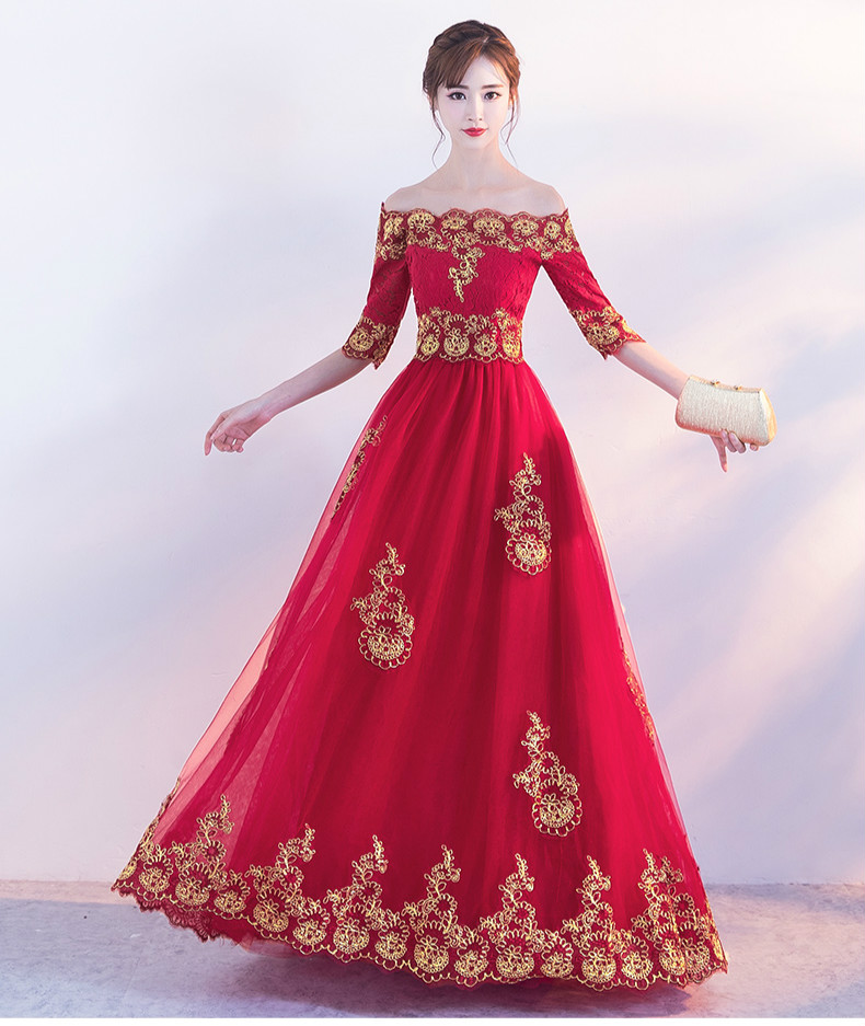 時(shí)尚一字肩中式禮服，紅色復(fù)古蕾絲晚禮服