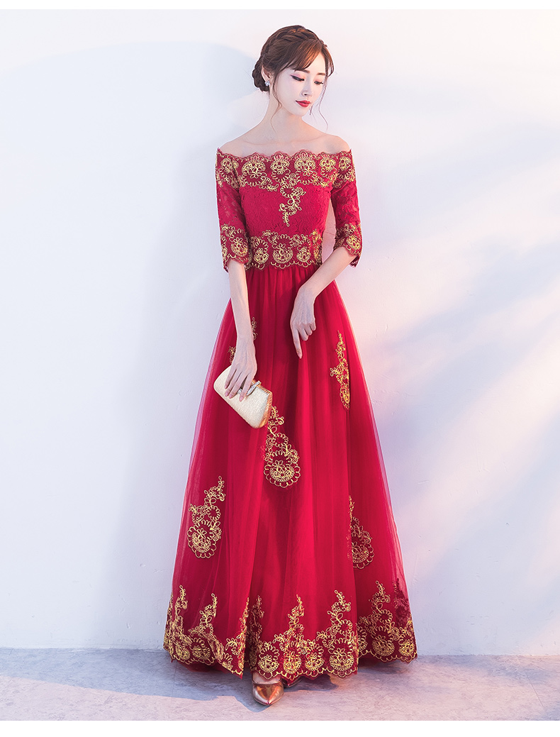 時(shí)尚一字肩中式禮服，紅色復(fù)古蕾絲晚禮服