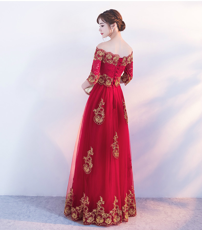 時(shí)尚一字肩中式禮服，紅色復(fù)古蕾絲晚禮服