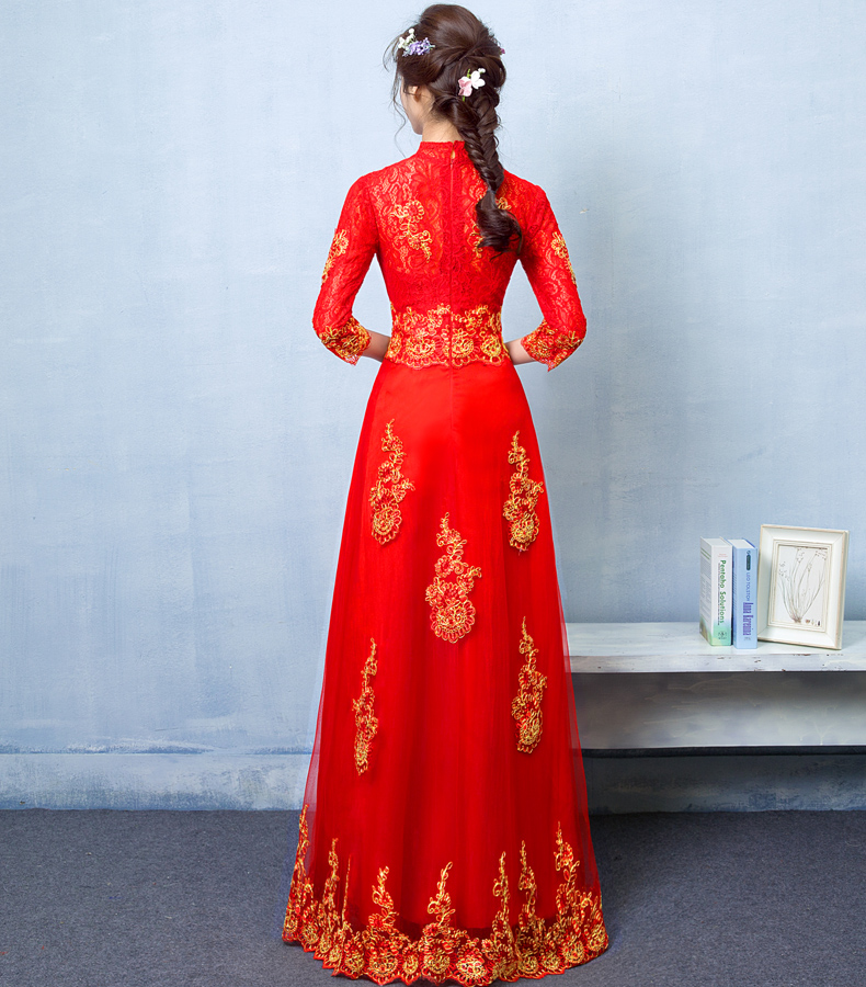 家佳樂文學蕾絲刺繡中式禮服，紅色復古新娘晚禮服