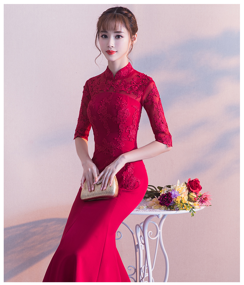 時尚家佳樂文學(xué)中式禮服，紅色蕾絲花朵魚尾晚禮服