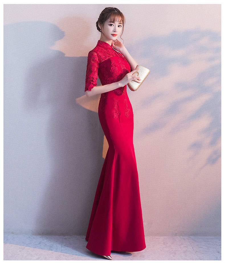 時尚家佳樂文學(xué)中式禮服，紅色蕾絲花朵魚尾晚禮服