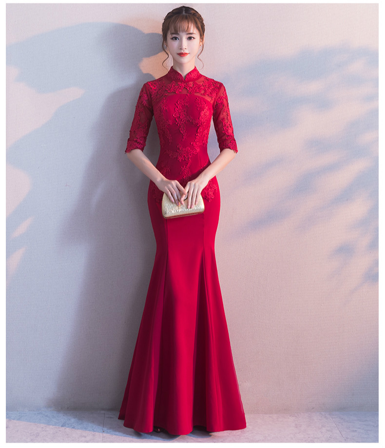 時尚家佳樂文學(xué)中式禮服，紅色蕾絲花朵魚尾晚禮服