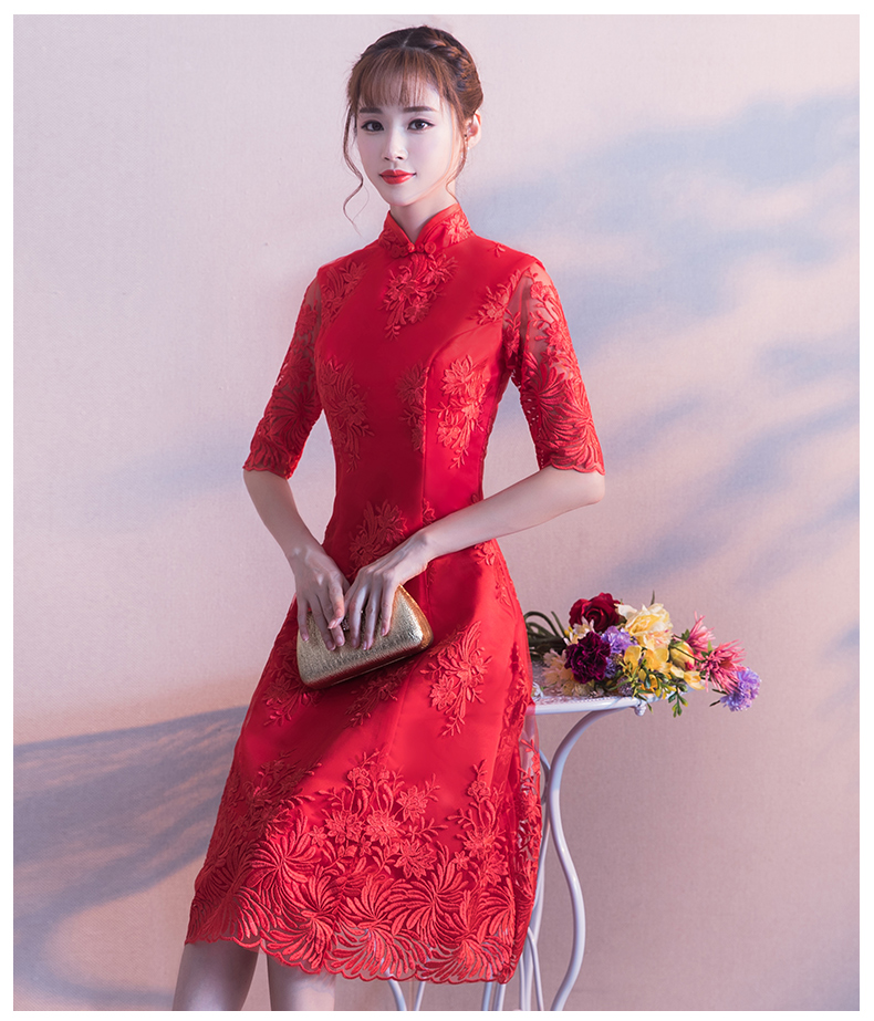 中袖立領(lǐng)中式禮服，復(fù)古家佳樂文學(xué)紅色晚禮服