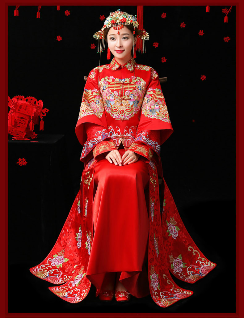 古典家佳樂文學(xué)中式禮服，紅色結(jié)婚新娘禮服