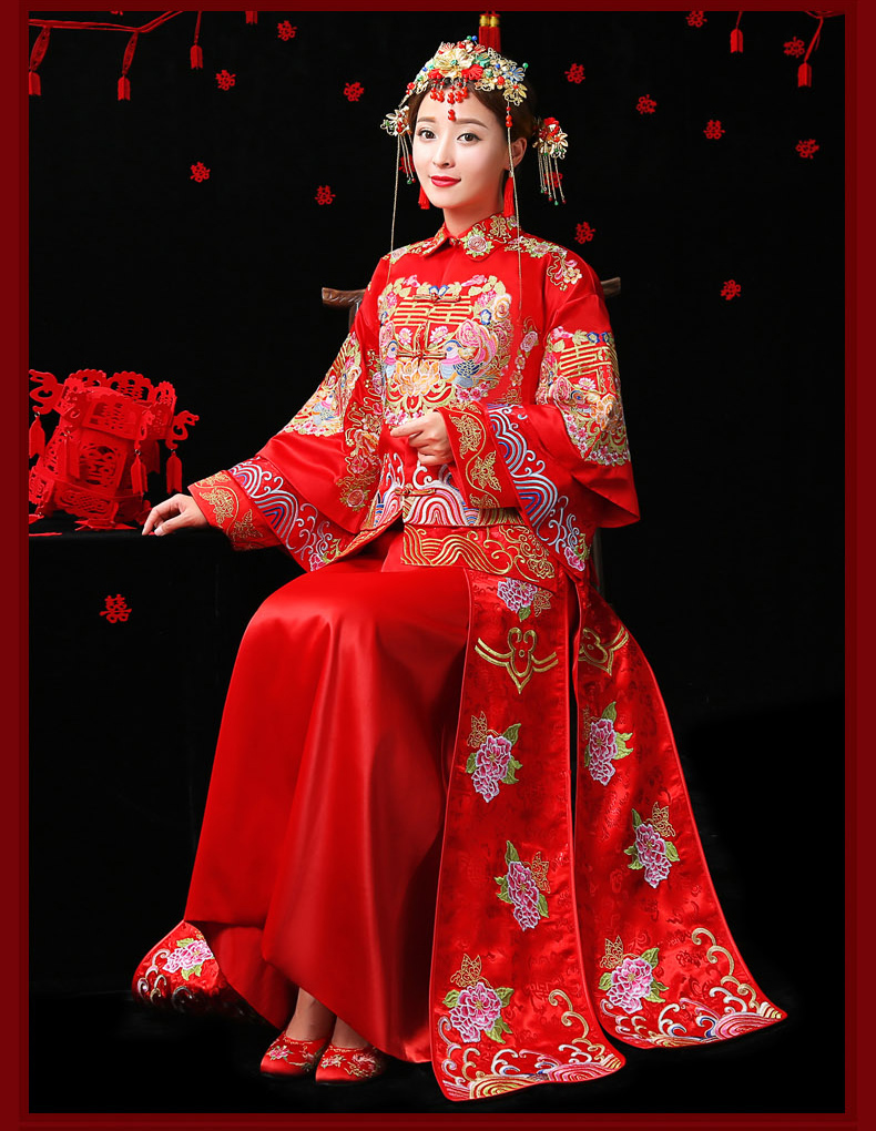 古典家佳樂文學(xué)中式禮服，紅色結(jié)婚新娘禮服