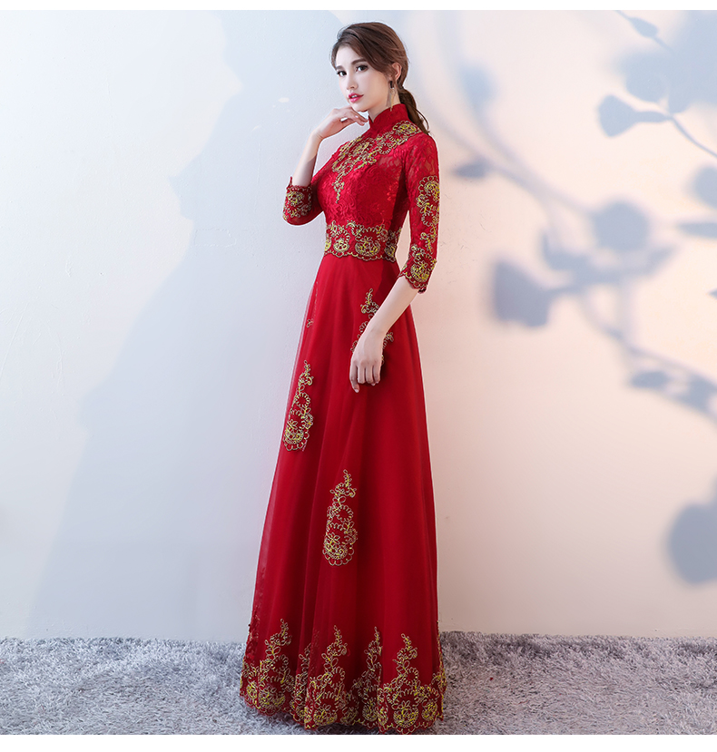 端莊典雅中式禮服，紅色蕾絲長(zhǎng)款晚禮服