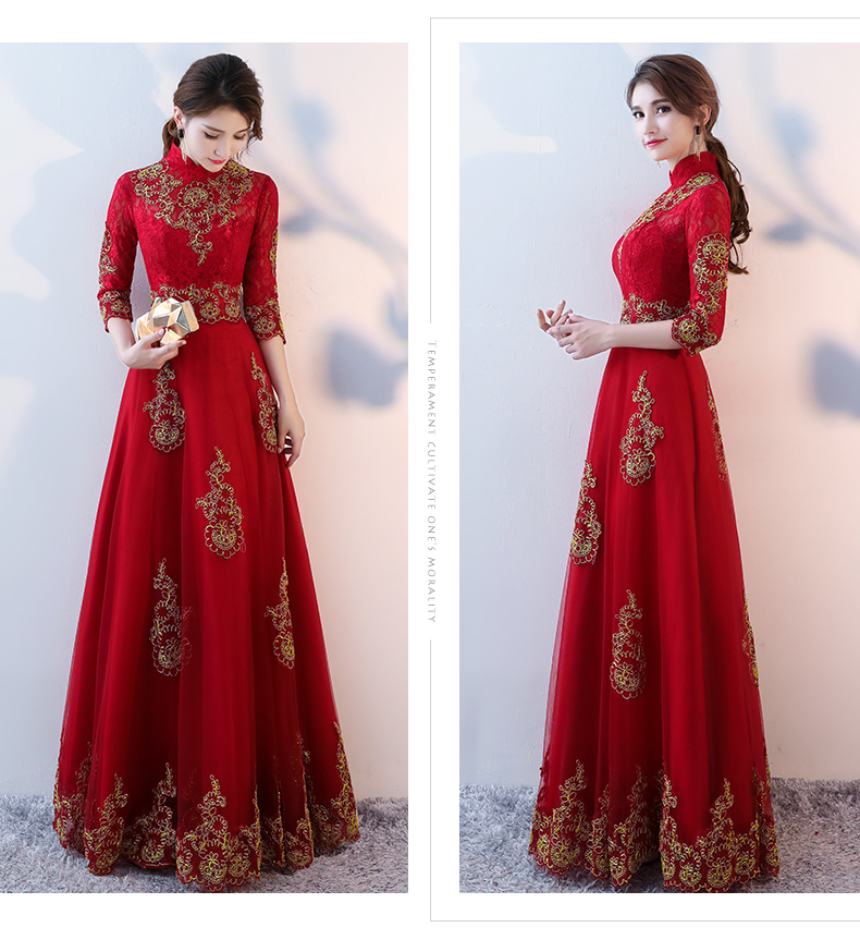 端莊典雅中式禮服，紅色蕾絲長(zhǎng)款晚禮服
