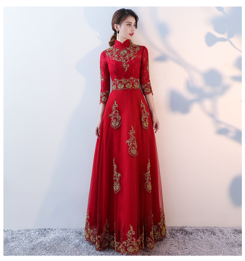 端莊典雅中式禮服，紅色蕾絲長(zhǎng)款晚禮服