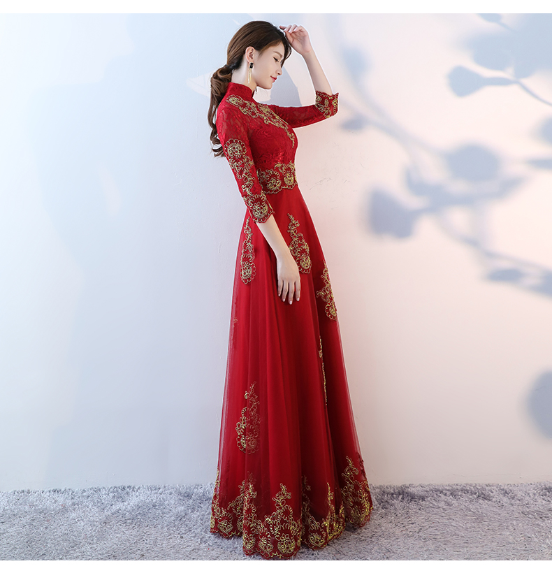 端莊典雅中式禮服，紅色蕾絲長(zhǎng)款晚禮服