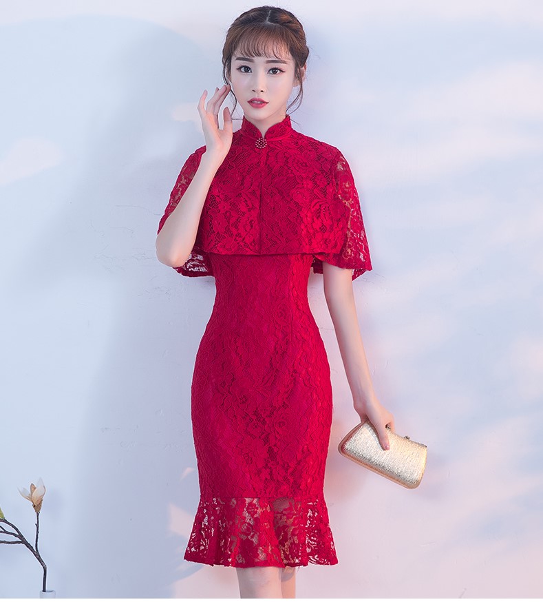 蕾絲披肩中式禮服，時尚荷葉邊魚尾裙晚禮服